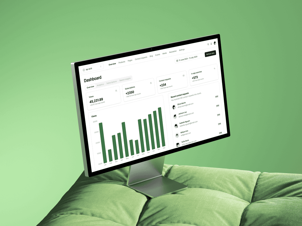 Un divano con appoggiato un iMac e proiettato al so interno una dashboard anteprima del gestionale CMS