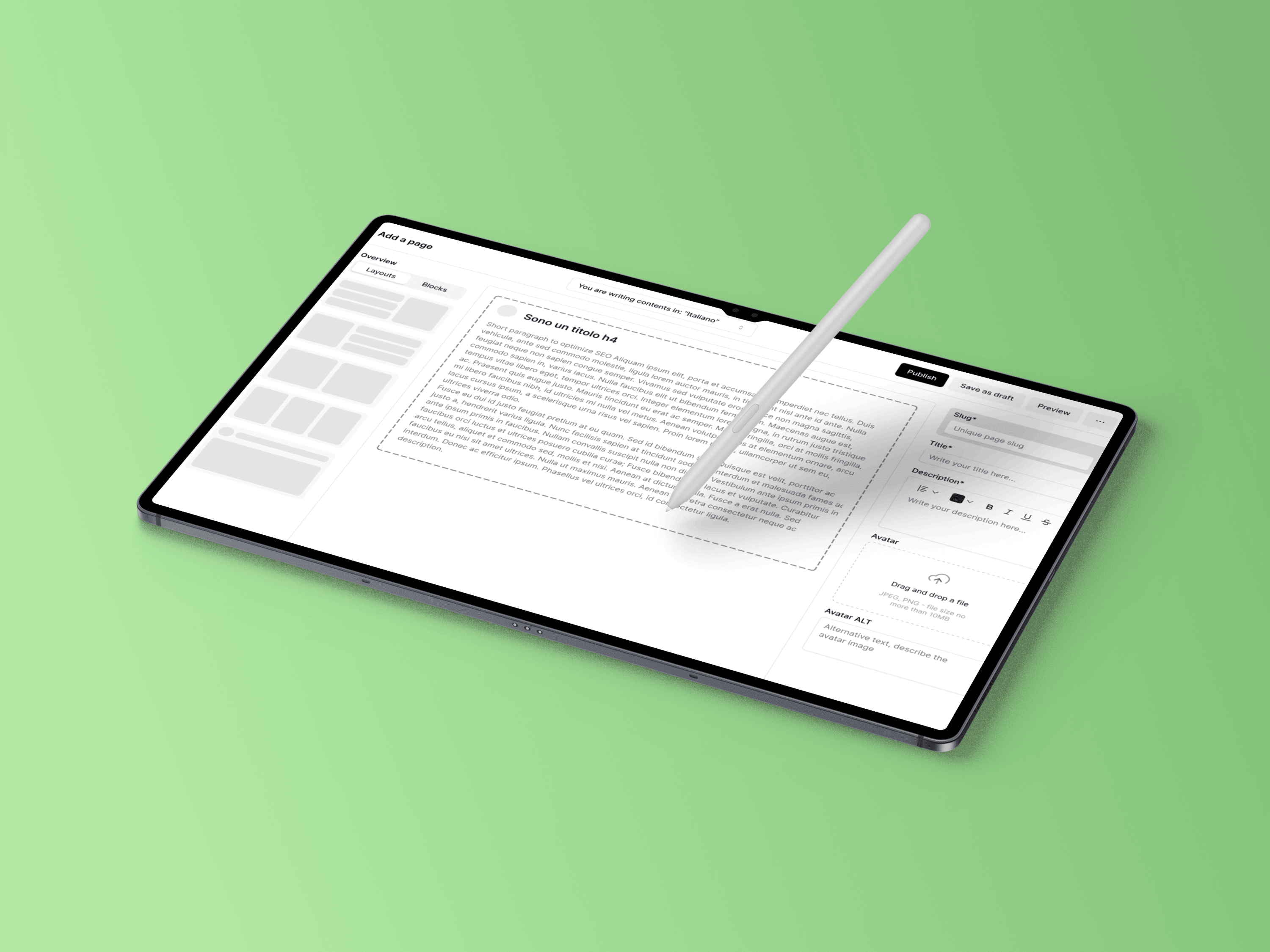 Un iMac appoggiato su un divano mostra l'anteprima della dashboard del gestionale CMS. 1
